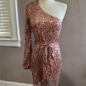 Bebe One-Shoulder Pink Sequin Dress